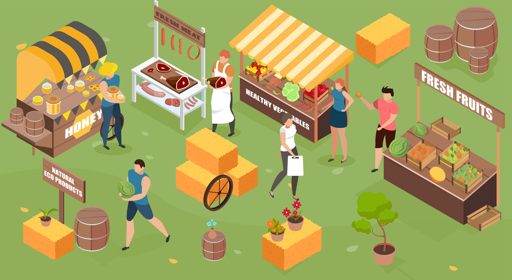 Farm market isometric composition with outdoor scenery people and market stalls with organic self-made products vector illustration