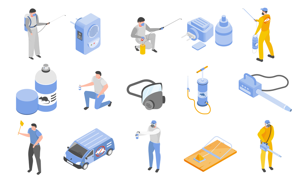 Pest control icons set with insect repellents symbols isometric isolated vector illustration