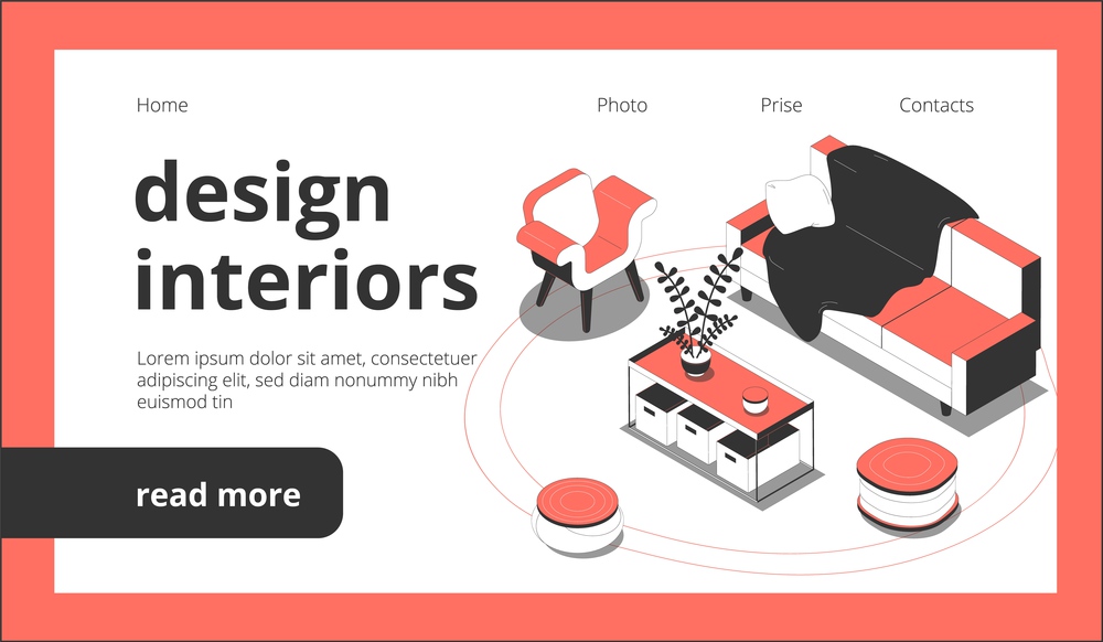 Design of interiors web page isometric landing website background with clickable links buttons and furniture images vector illustration