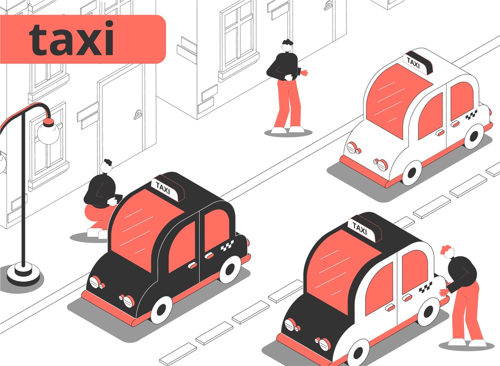Taxi city isometric composition with outdoor street view and taxi cabs with human characters and text vector illustration