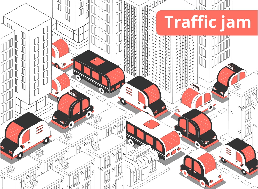 Traffic jam isometric composition with text and view of city block crowded with cars with shadows vector illustration