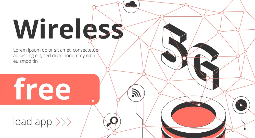 Wireless banner isometric background with circle pictogram icons images and clickable load app link with text vector illustration