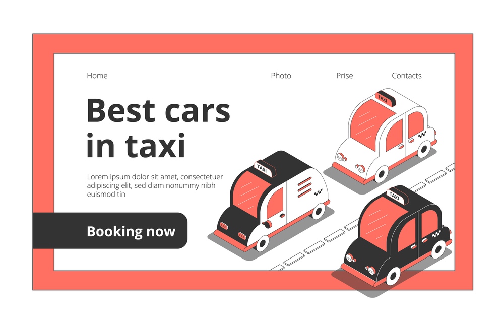 Taxi web page isometric website landing background with images of cab cars clickable links and text vector illustration
