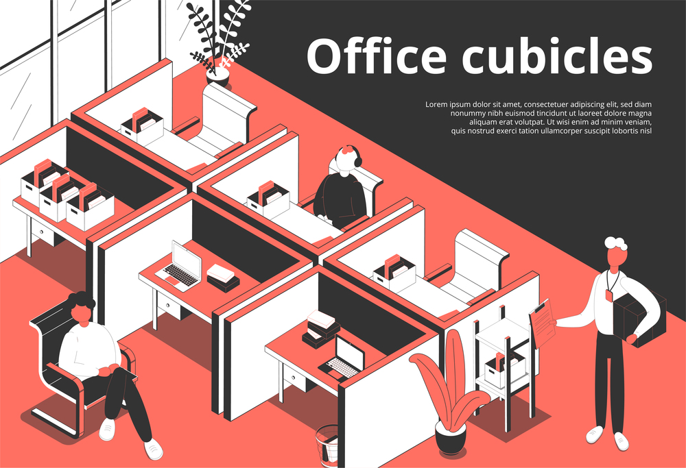 Office cubicles isometric background with editable text and composition of human characters and separated working places vector illustration