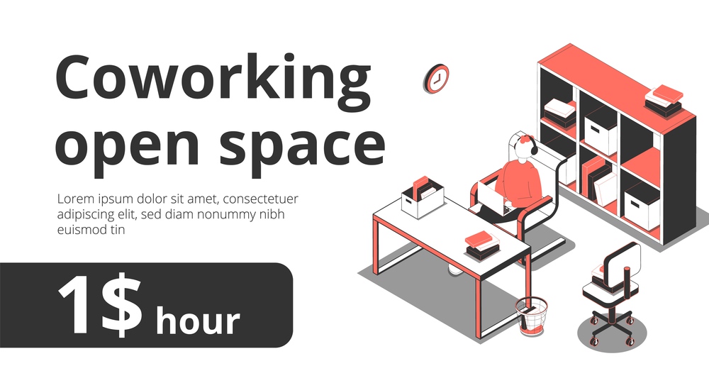 Coworking open space banner background with editable text and isometric images of workspace with cabinet racks vector illustration