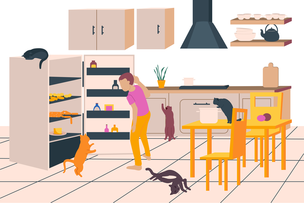 People with cats eating and resting in the kitchen background flat vector illustration