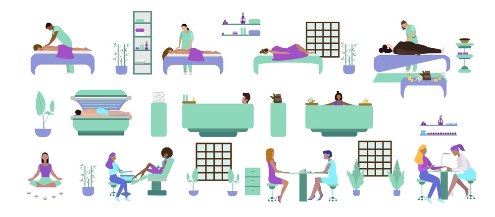 Spa people flat icon set with relaxing people massage spa yoga manicure pedicure vector illustration