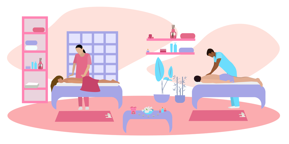 Colored flat salon massage illustration with two two girls on the couch beauty procedures vector illustrationK