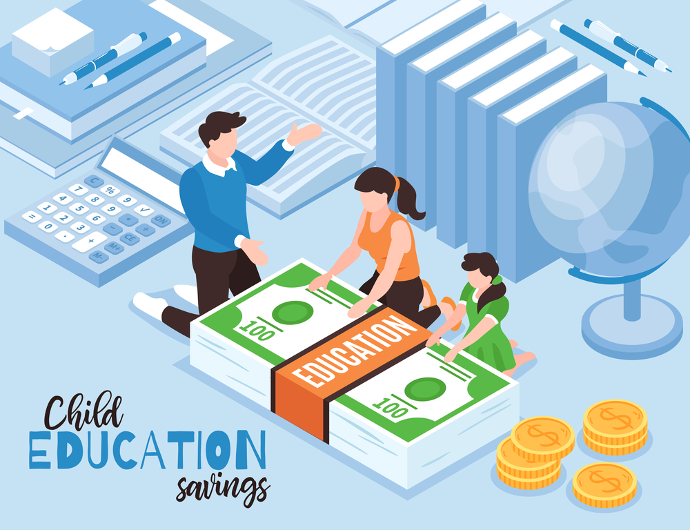 Isometric family budget education composition with text and workspace elements with money and characters of family members vector illustration