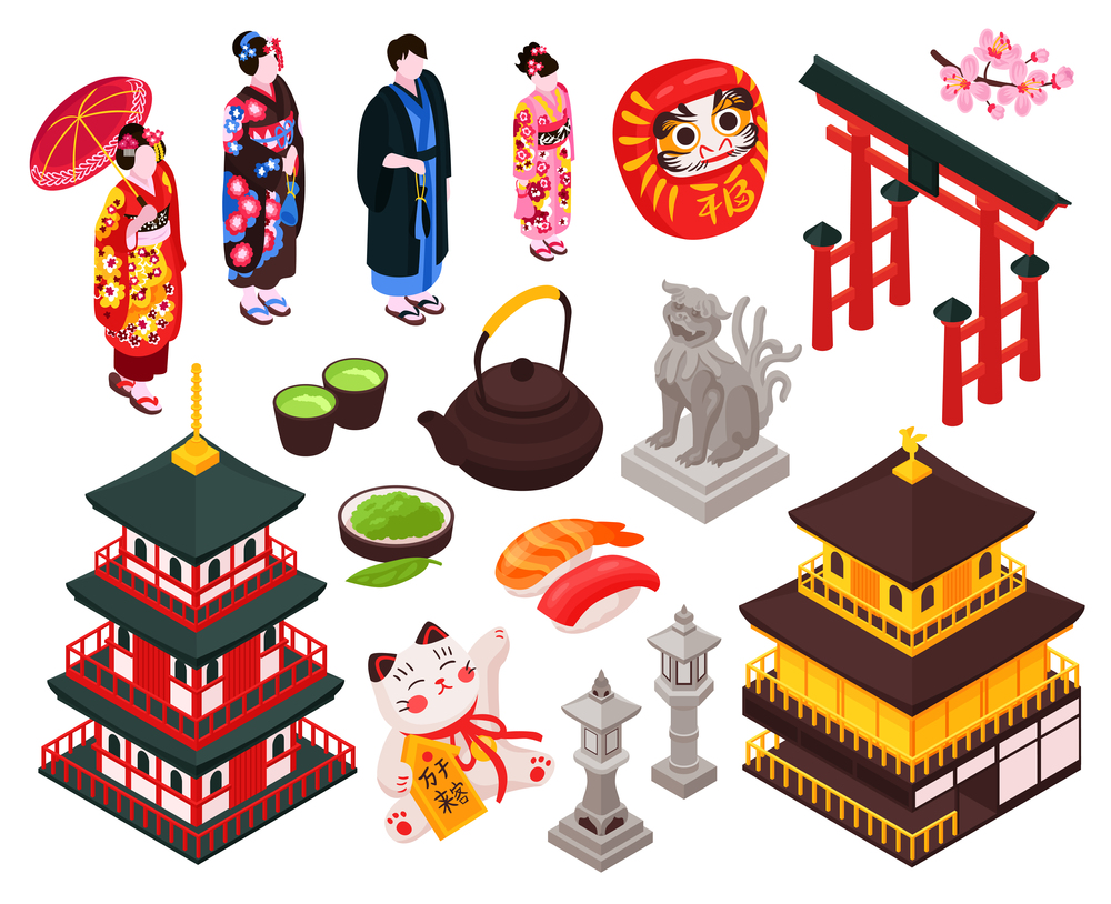 Isometric japan travel tourism set with isolated architecture items and people in traditional costumes on blank background vector illustration