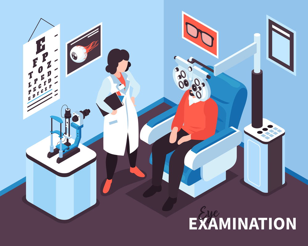 Isometric ophthalmology composition with text and indoor view of doctors office with medical apparatus and human characters vector illustration