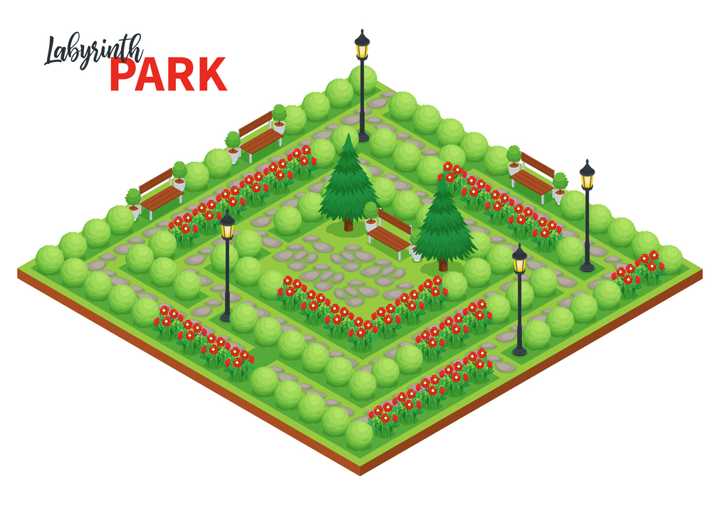 Labyrinth game composition with ornate text and platform with public park landscape with flowers bushes and benches vector illustration