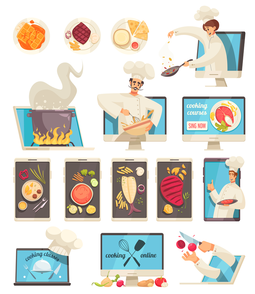 Cooking school professional chef courses online classes flat icons set with dishes ingredients on tablet screens vector illustration