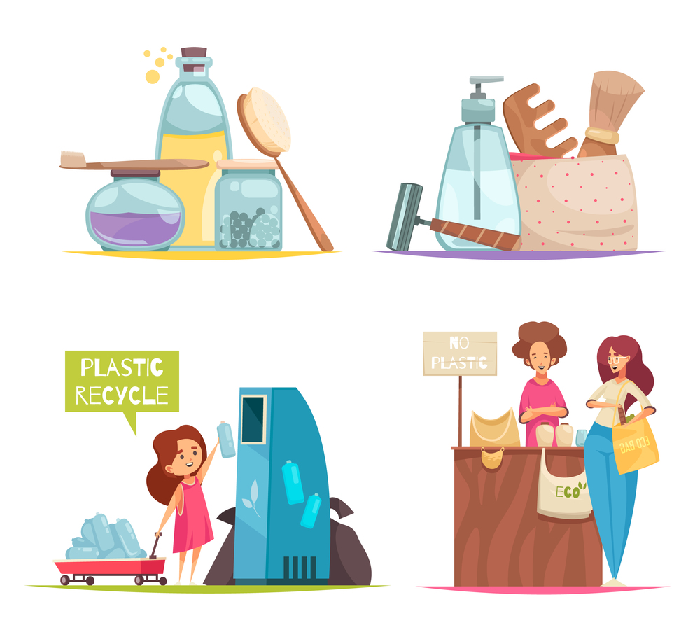 Waste sorting concept icons set with plastic recycle symbols flat isolated vector illustration