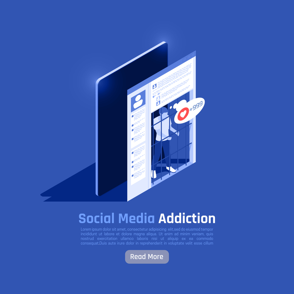 Social network addiction isometric background composition with more button text and images of human in cage vector illustration. Social Networks Addiction Background