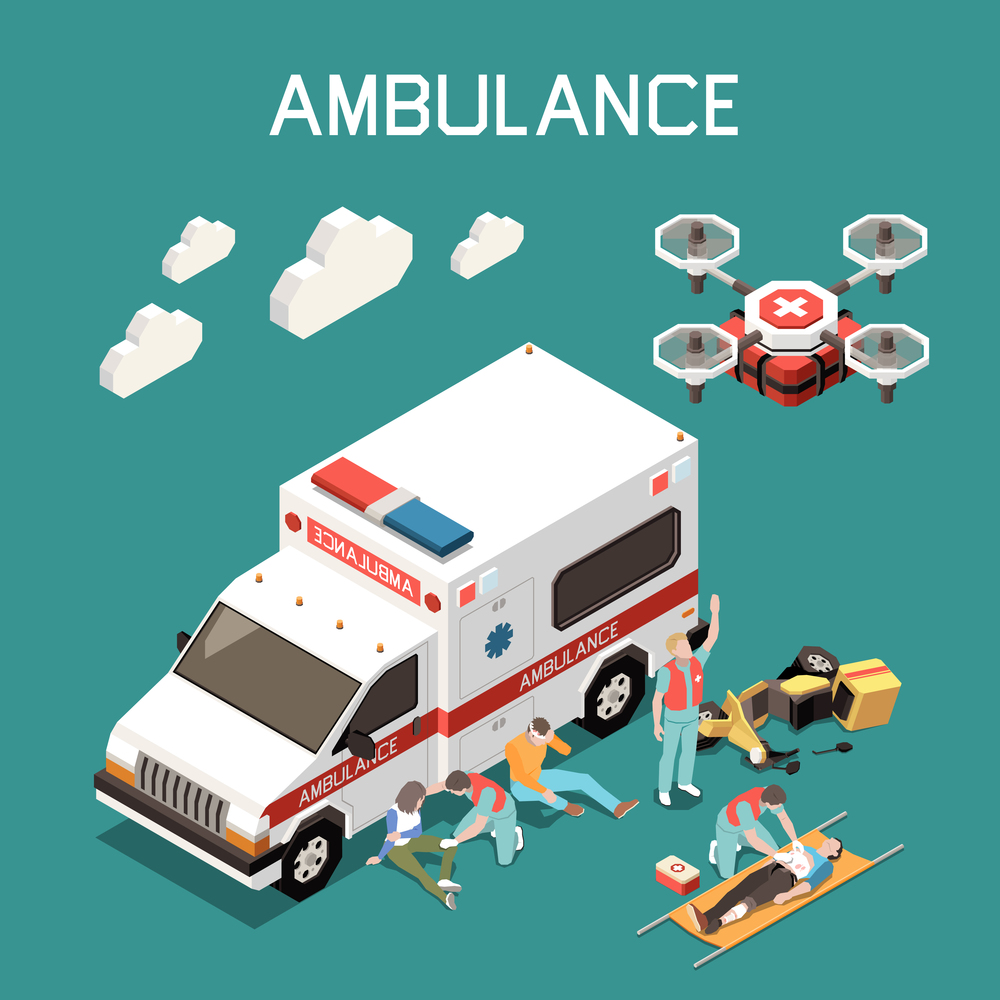 Ambulance car medical drone and doctors giving first aid to injured people 3d isometric vector illustration. First Aid Isometric Illustration