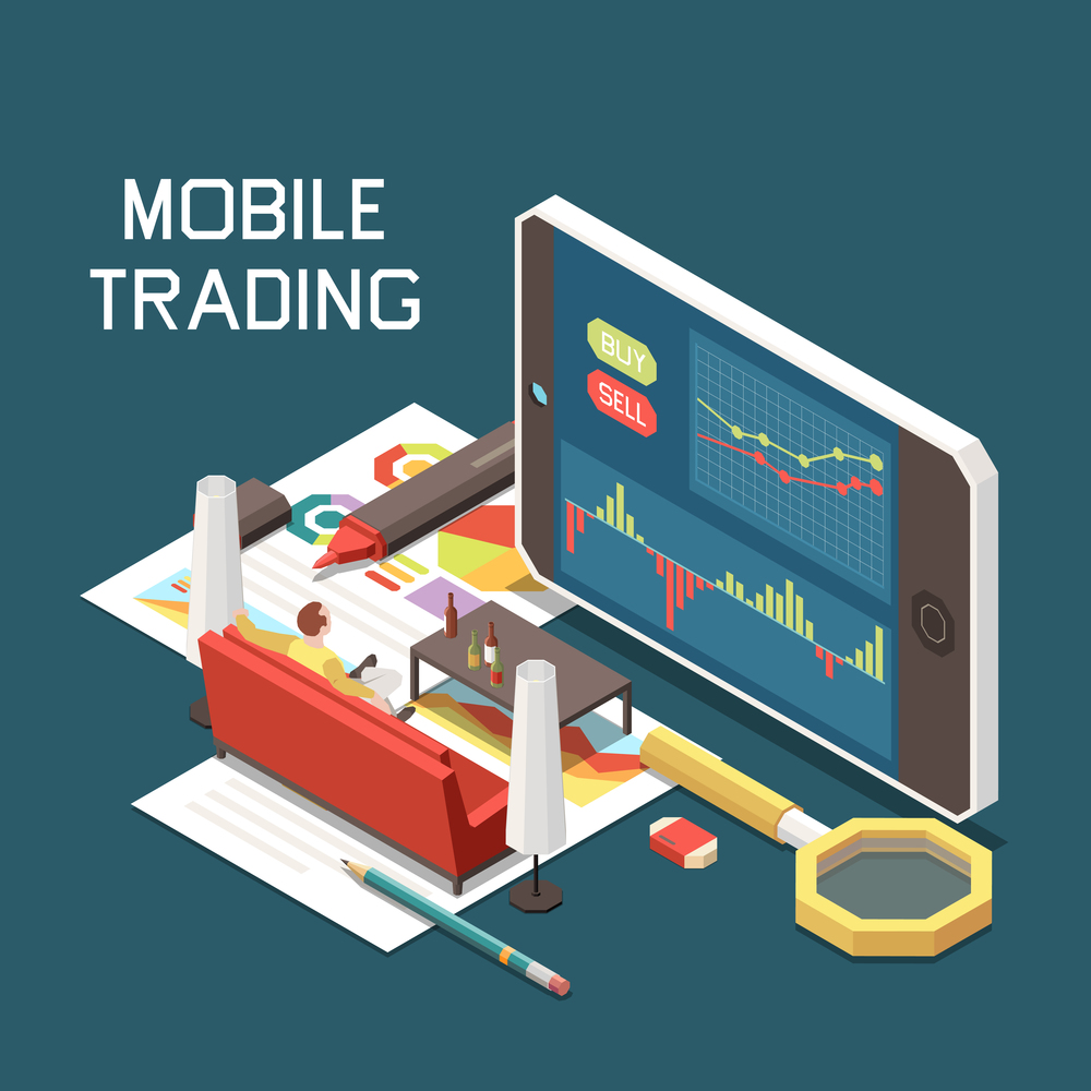 Mobile online trading isometric concept with smartphone and man working at home 3d vector illustration. Online Trading Isometric Concept