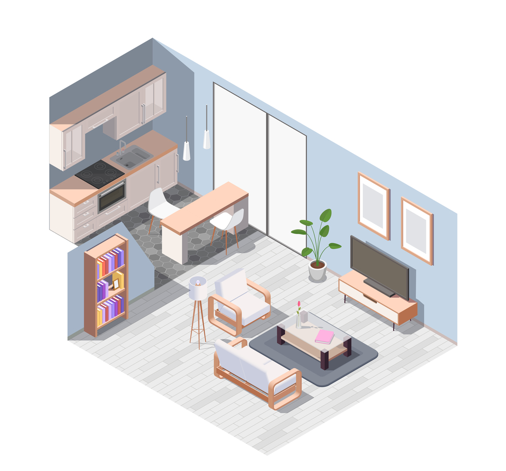 Isometric and colored interior furniture composition with equipped studio apartment with wooden furniture vector illustration. Interior Furniture Isometric Composition