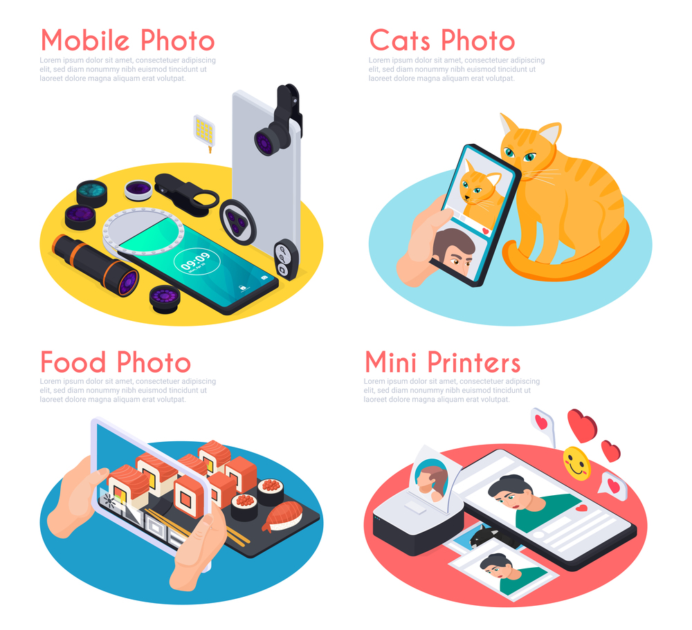 Isometric 2x2 design concept with cats and food mobile photos mini printers and various tools 3d isolated vector illustration. Mobile Photo 2x2 Design Concept