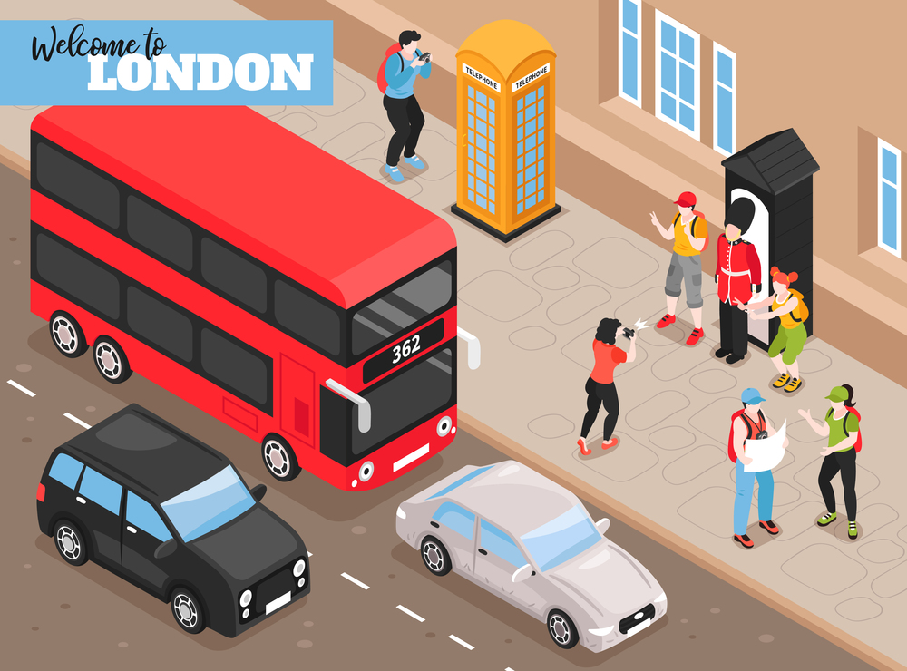 Welcome to london Isometric poster with retro transport and tourists photographed next to royal guard box isometric vector illustration. Welcome To London Isometric Background