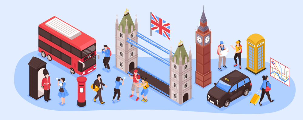 England isometric narrow illustration with capital city landmarks retro transport and national country symbols vector illustration. England Isometric Narrow Illustration