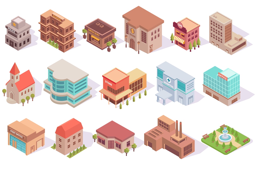 City set of isometric images of colourful modern architecture isolated buildings with shadows on blank background vector illustration. City Buildings Isometric Set