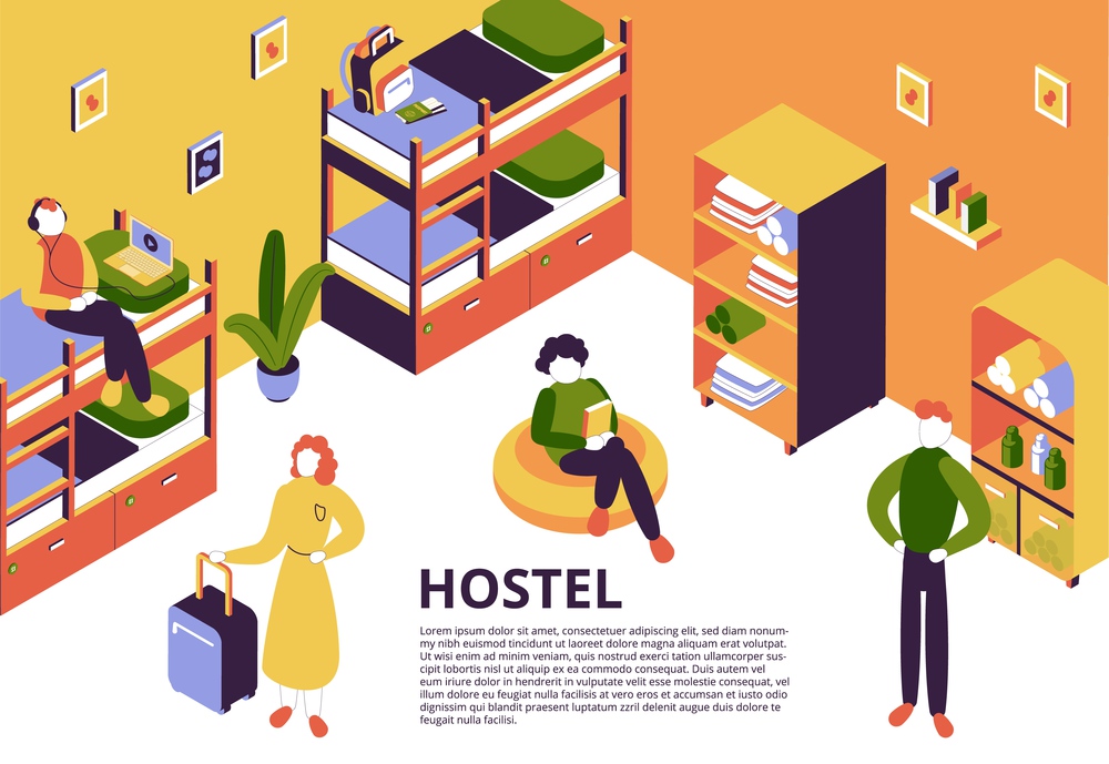 Hostel room interior and resting people 3d isometric vector illustration. Hostel Isometric Illustration