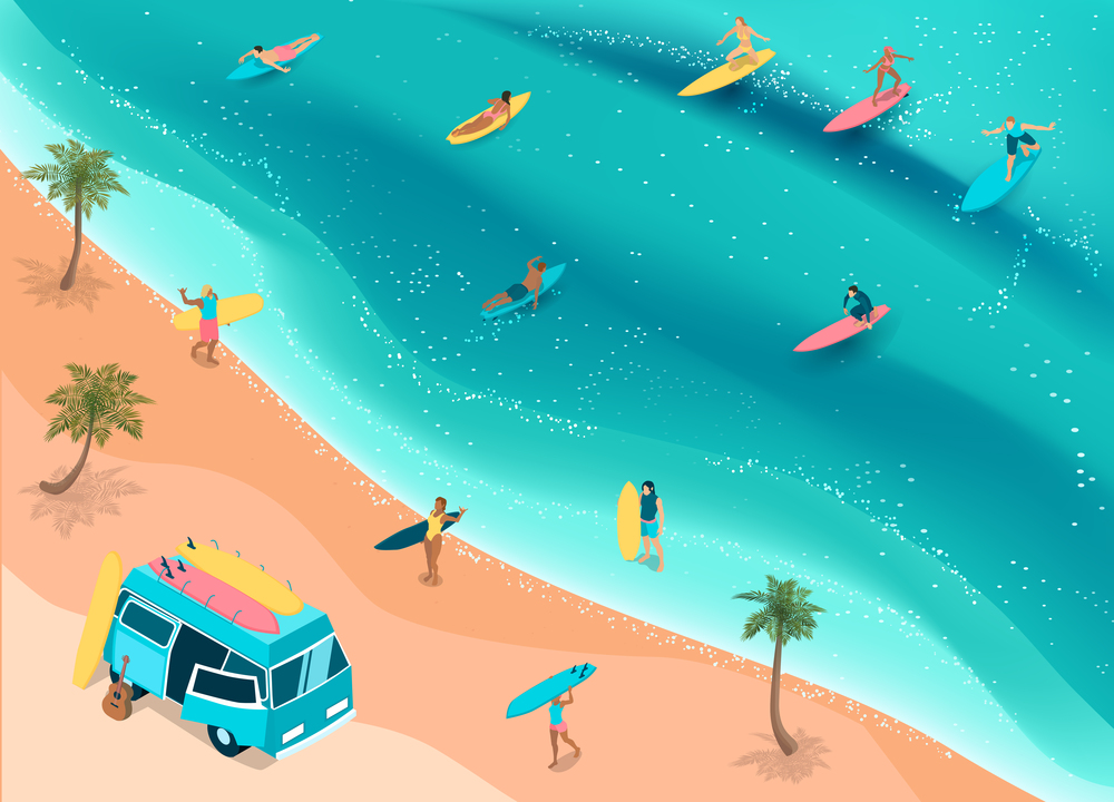 Popular surfing tropical beach with camper bus for surfboards palms riders ocean waves isometric composition vector illustration. Surfing Isometric Composition