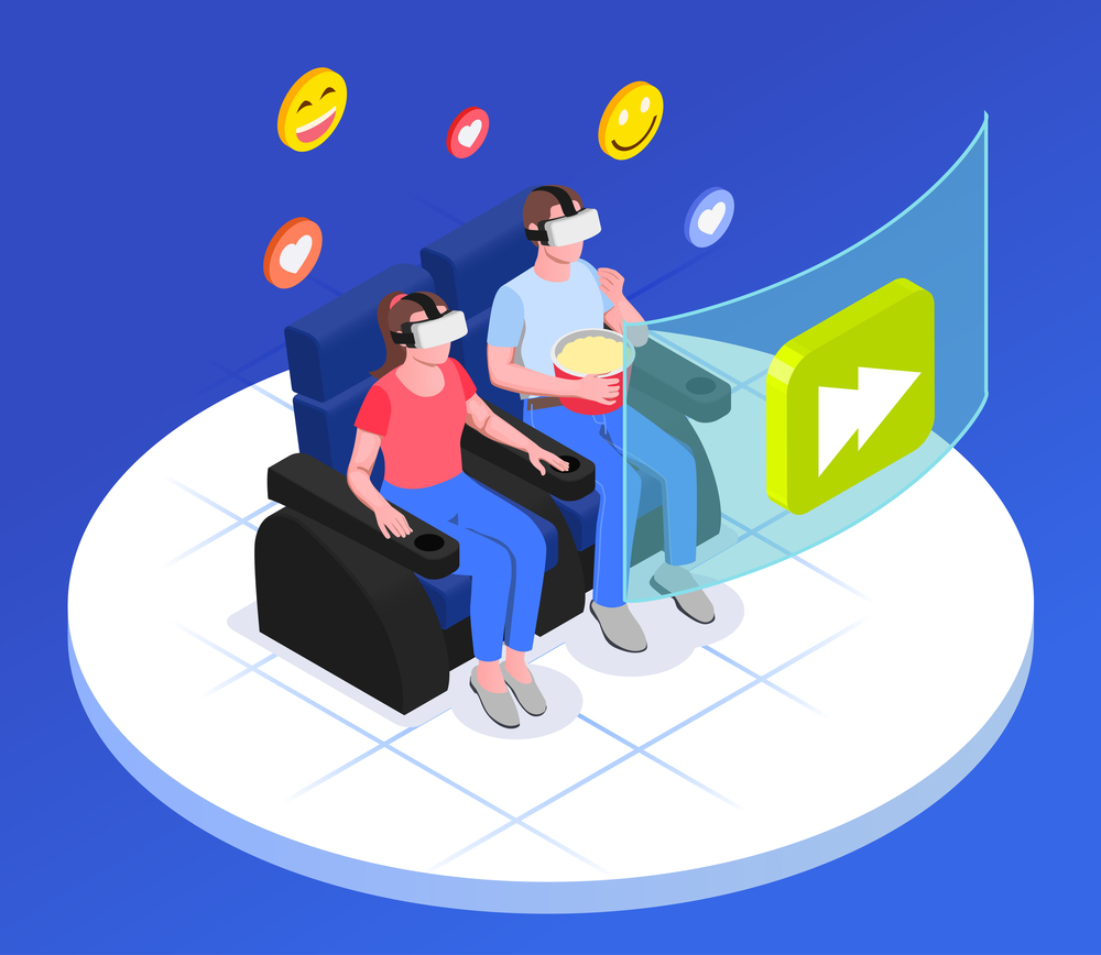 Virtual augmented reality isometric composition with couple sitting on sofa with emoticons popcorn and vr glasses vector illustration. VR Playback Isometric Composition