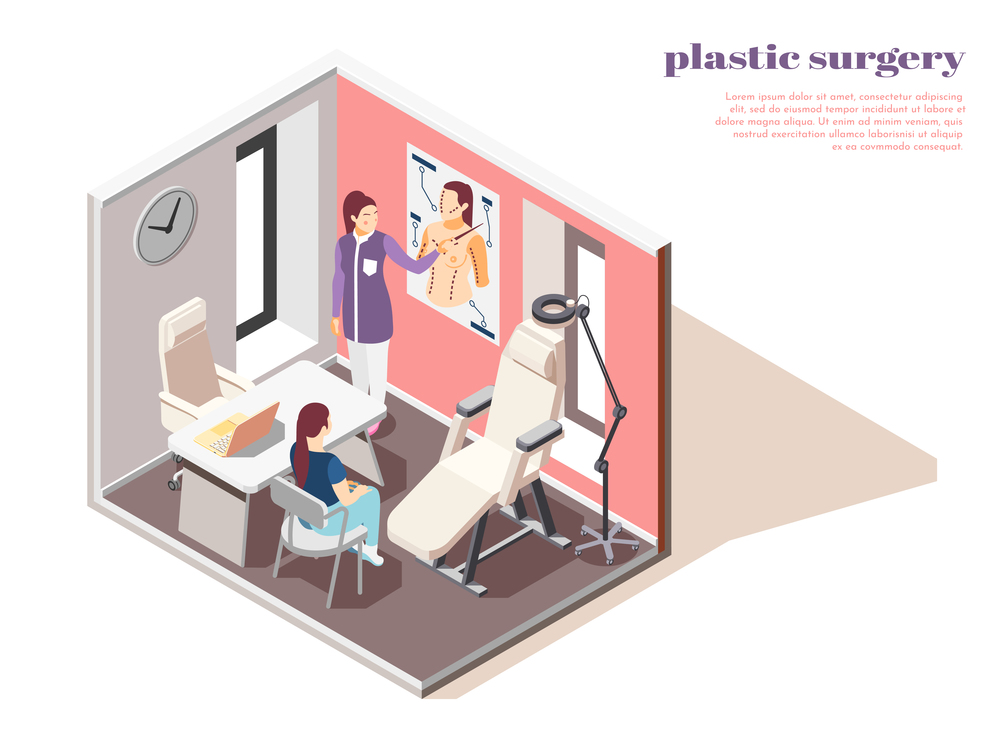 Isometric composition with woman consulting plastic surgeon 3d vector illustration. Plastic Surgeon Isometric Composition