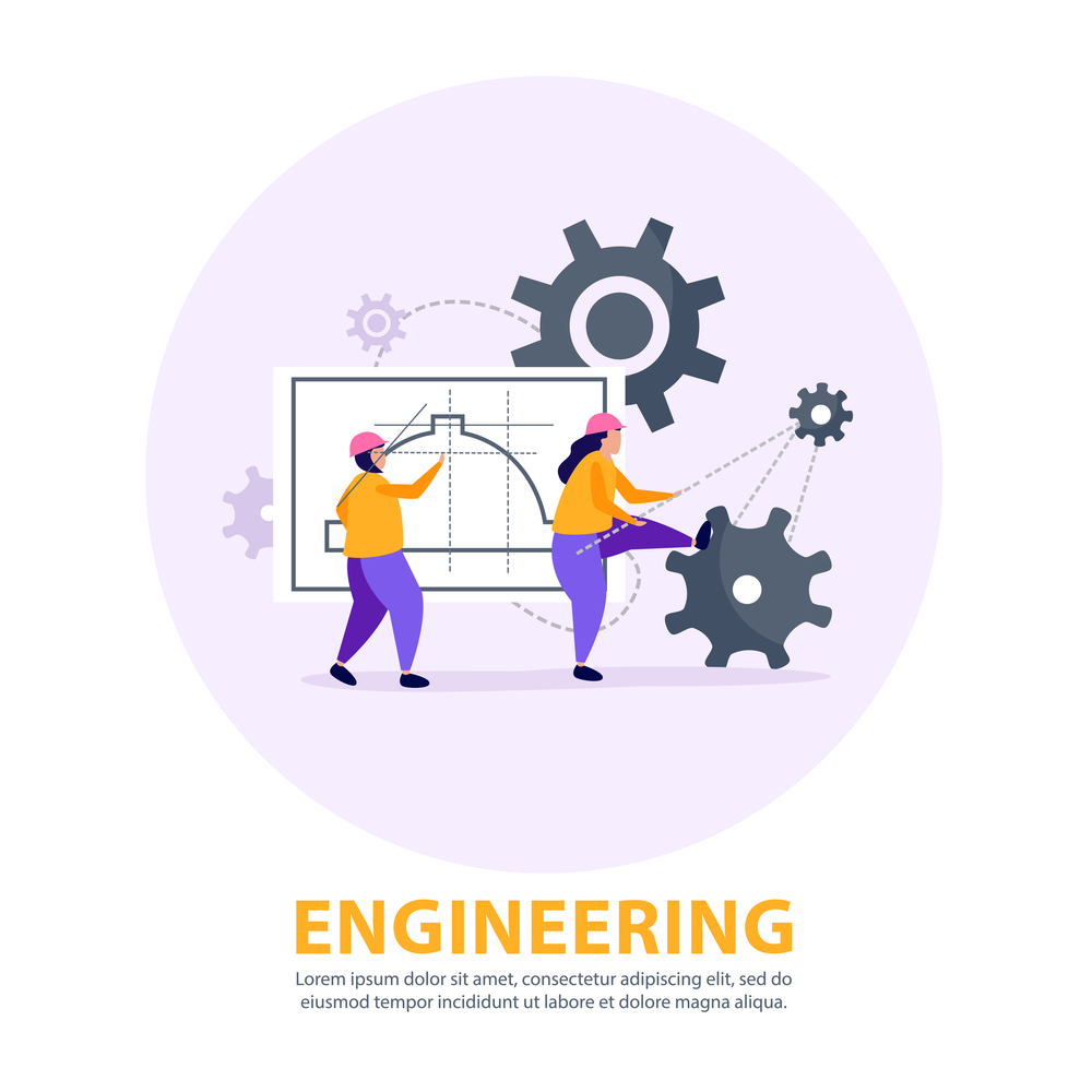 Engineering concept with people working and strategy symbols flat vector illustration. Engineering Concept Illustration