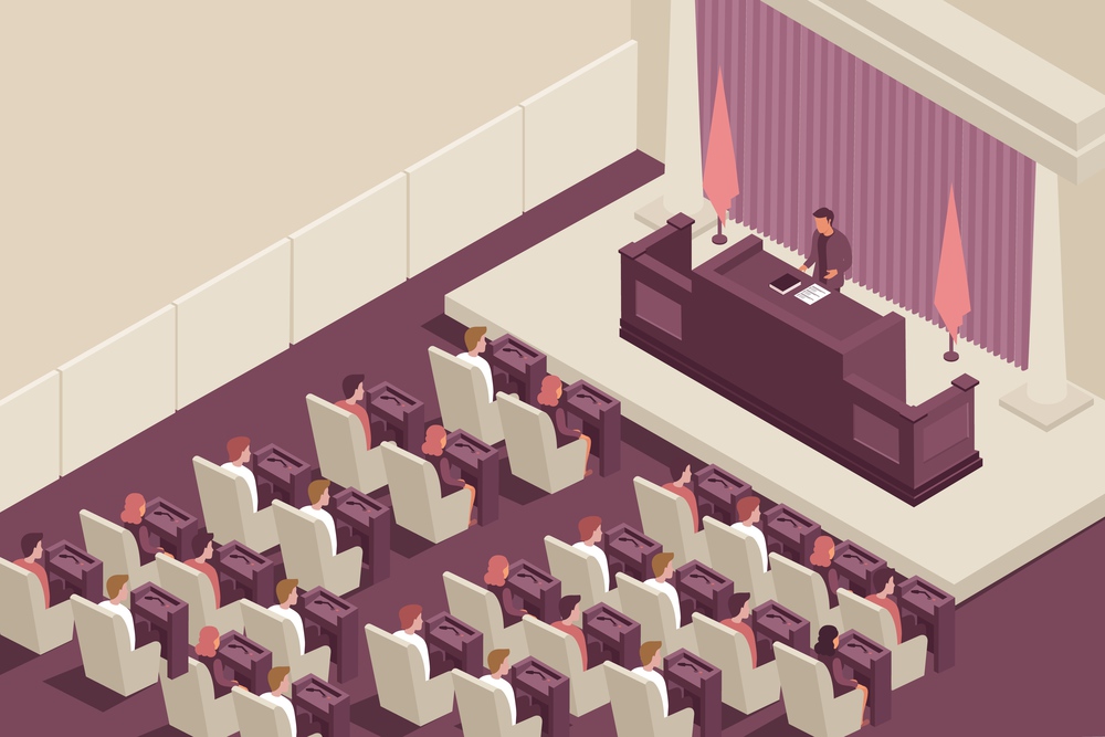 Parliament government isometric composition with parliament chamber indoor scenery with elected officials and spokesman with text vector illustration. Isometric Parliamentary Speech Composition