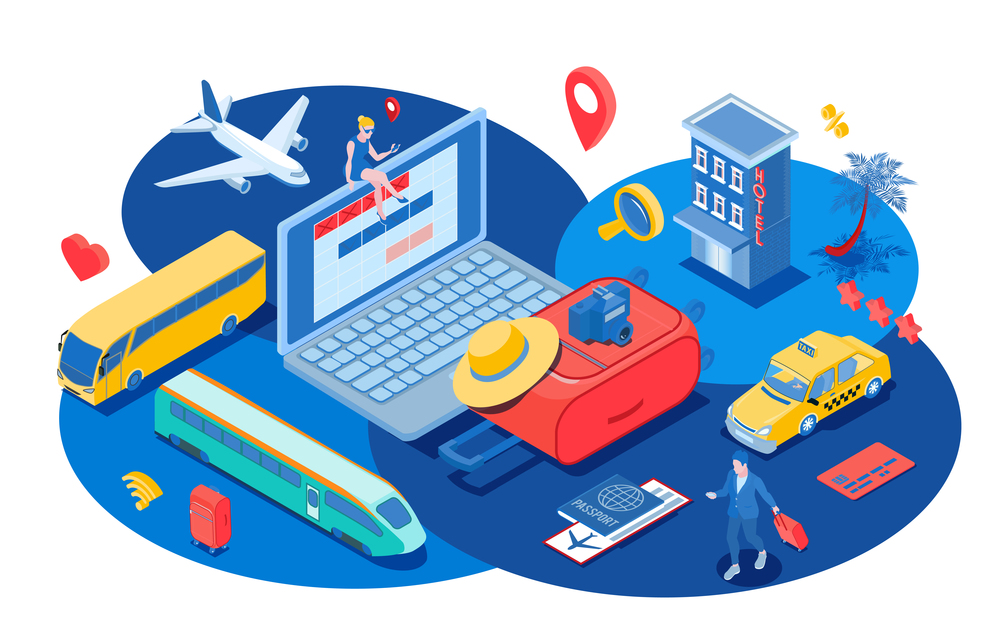 Booking isometric vector illustration with laptop ticket passport taxi car hotel ground and air passenger transportation isometric icons. Booking Isometric Illustration