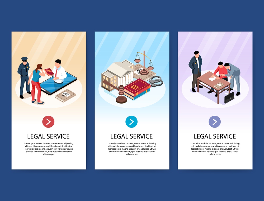 Isometric lawyer vertical banners set with images of book and court building with people and text vector illustration