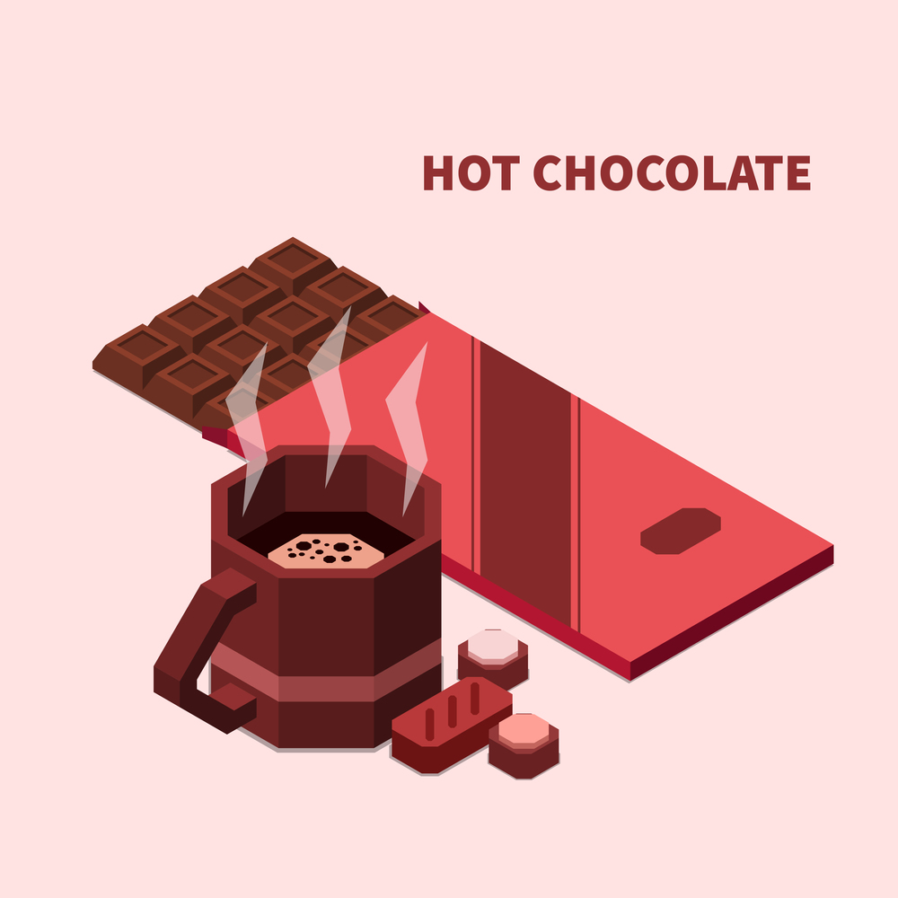 Hot chocolate isomeric background with cup of drink candies and chocolate bar vector illustration