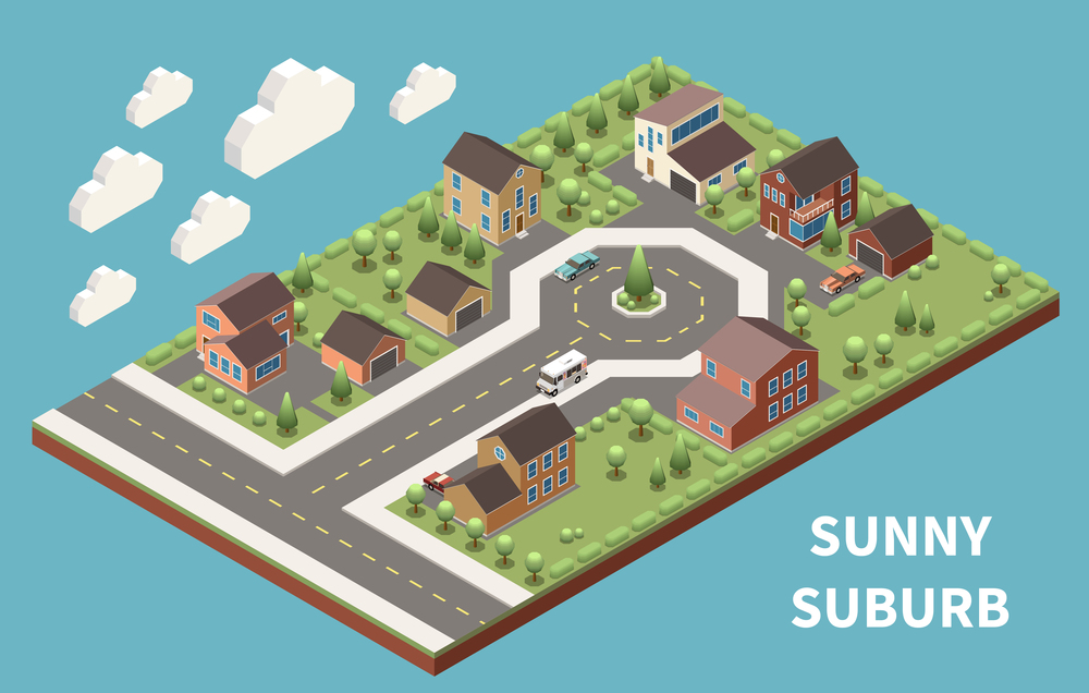 Sunny suburb isometric background  illustrated green suburban neighborhood with good roads and modern buildings vector illustration