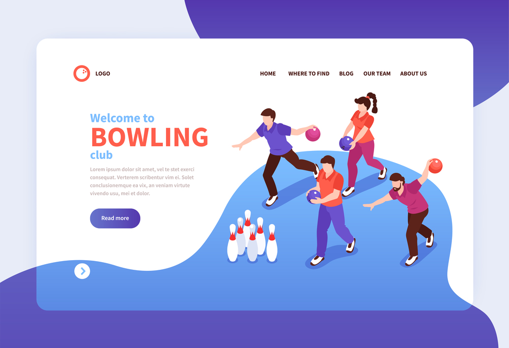 Bowling club isometric landing page welcoming new members with competing bowlers knocking down pins banner vector illustration