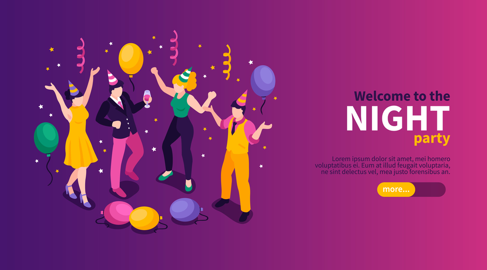 Isometric firework celebrating horizontal banner with editable text slider button and characters of festive party people vector illustration