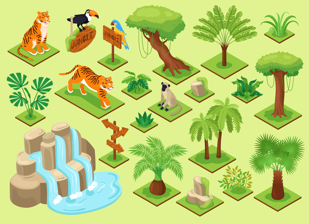 Isometric jungle animal set with constructor elements of exotic jungle trees plants and birds with waterfall vector illustration