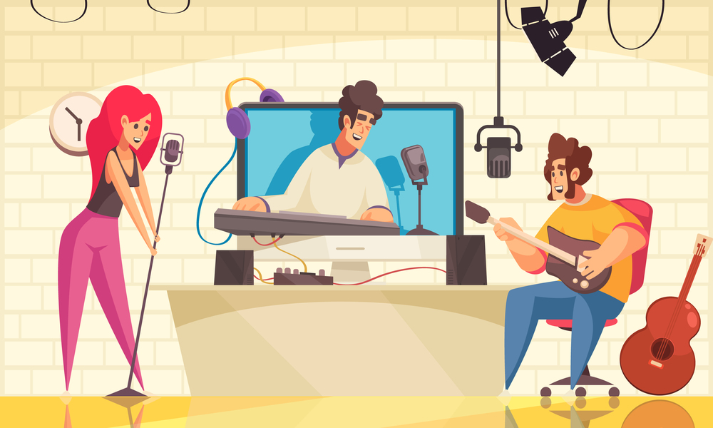 Man and woman watching video blogger playing music and singing cartoon background vector illustration