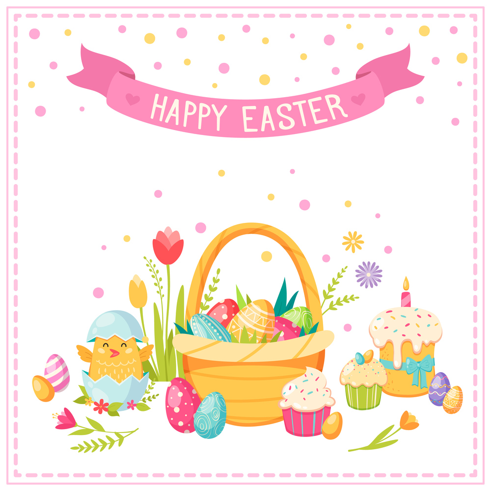 Easter cartoon concept with cake flowers basket and eggs vector illustration
