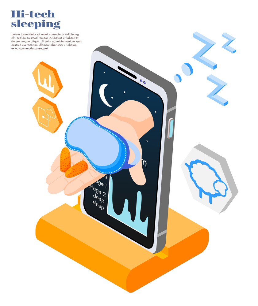 Hi-tech sleeping isometric and colored background and abstract concept with smart app vector illustration