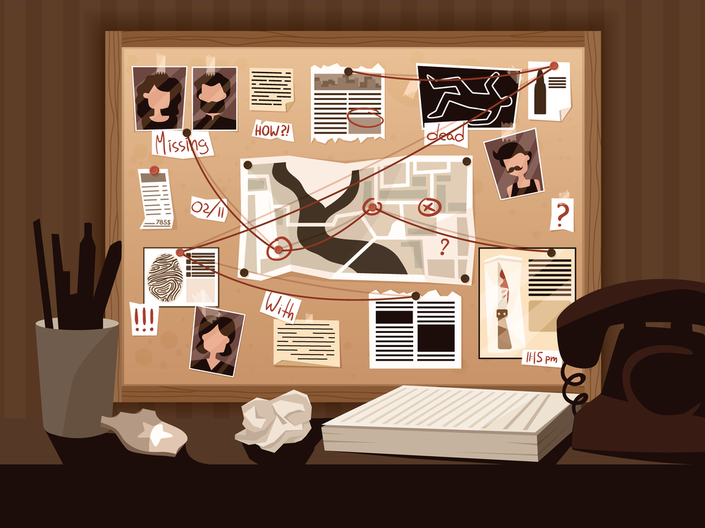 Detective board composition with view of investigators workspace with vintage telephone pinned suspect photos and captions vector illustration