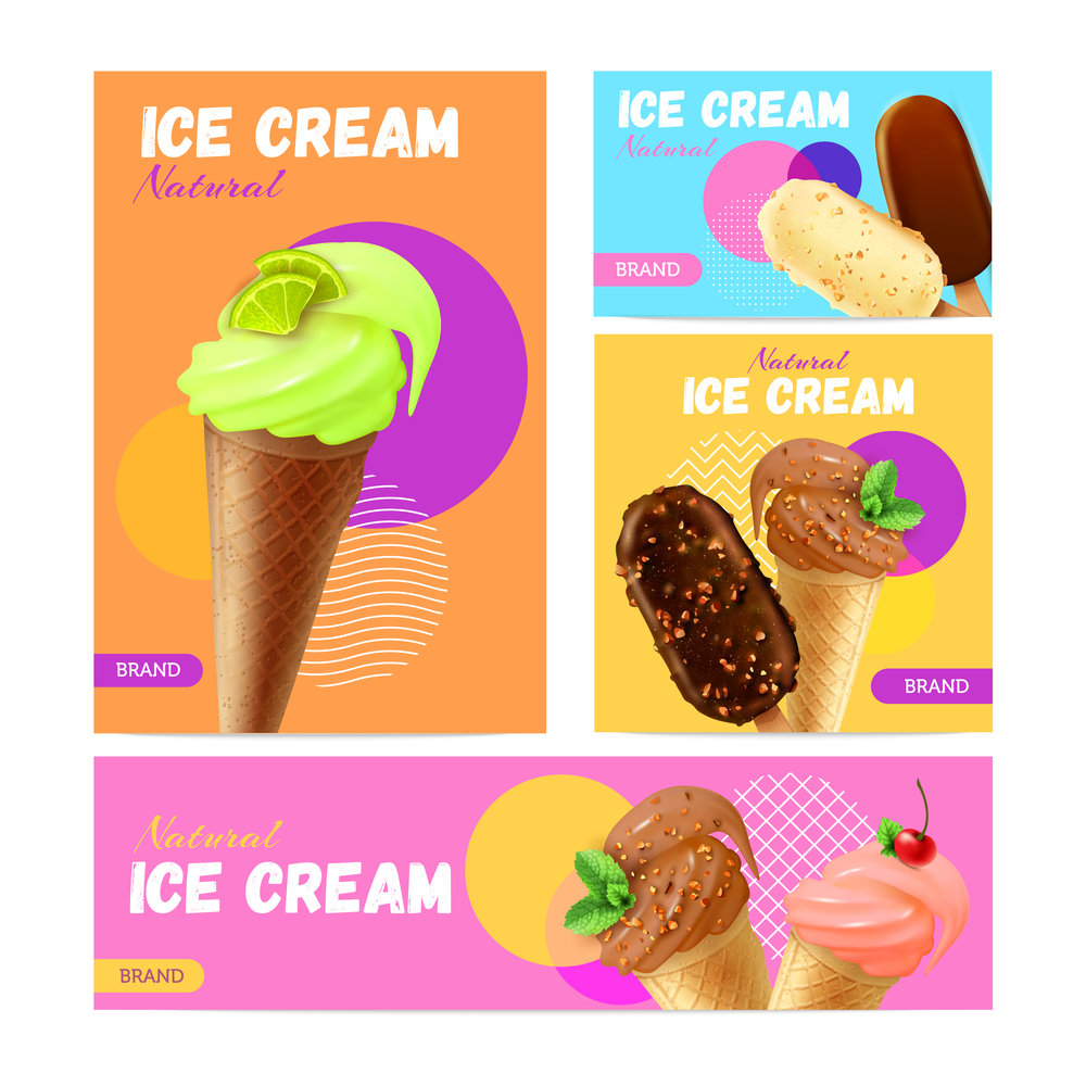 Ice cream colorful banners set with eskimo pies and waffle cones filled fresh dairy product of different flavors vector illustration