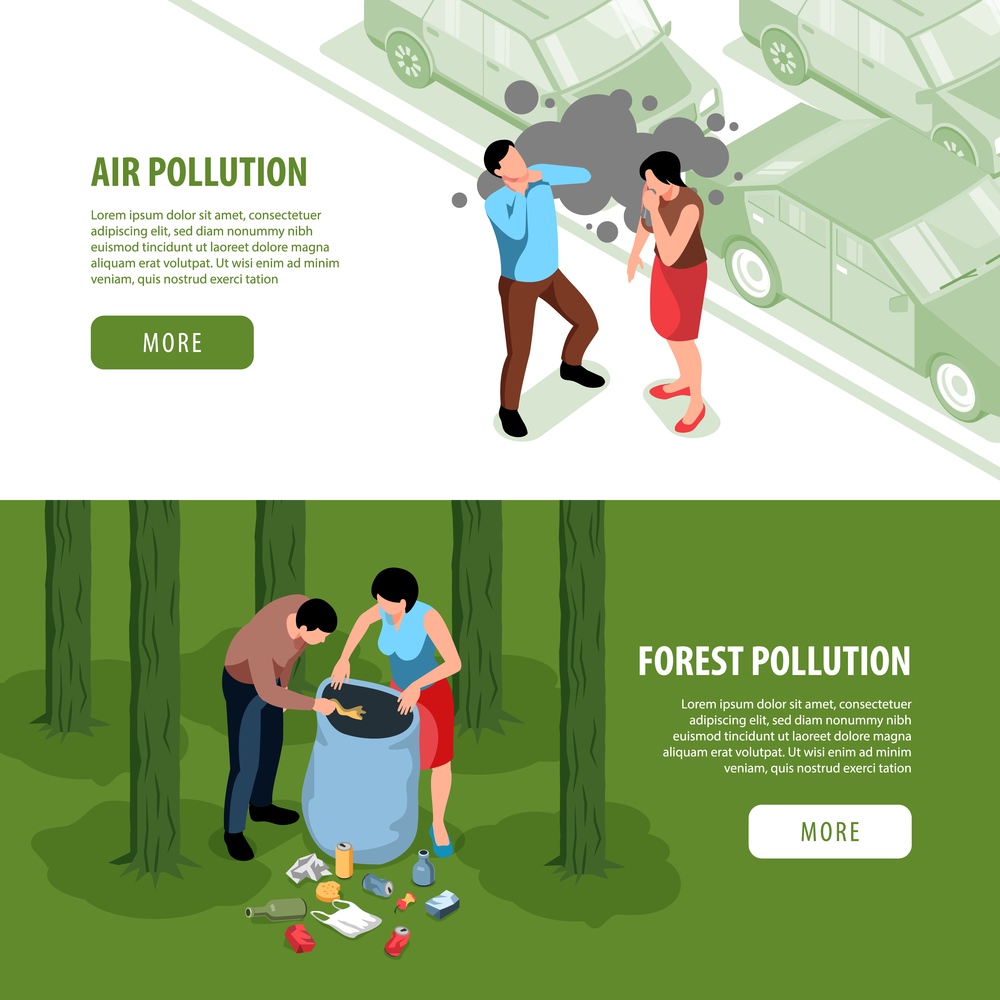 Set of two horizontal isometric environmental pollution banners with buttons text and images with human characters vector illustration