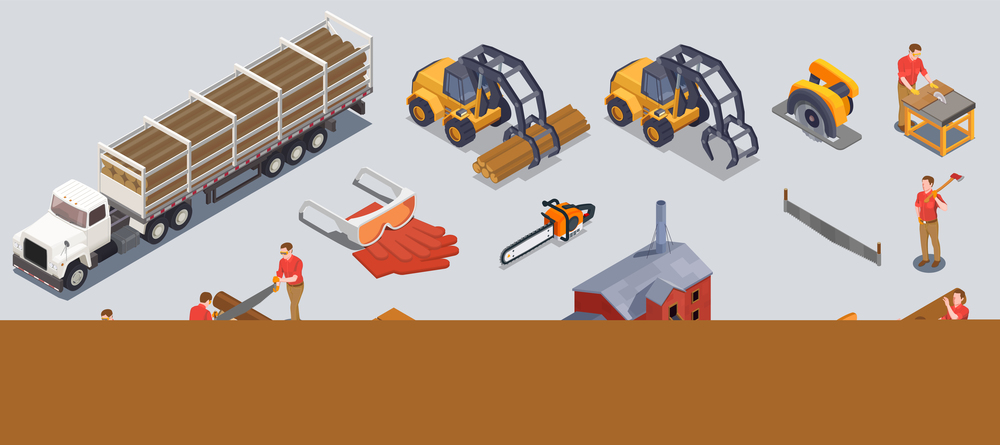 Set with isolated sawmill timber mill lumberjack isometric icons of wood tools vehicles and human characters vector illustration