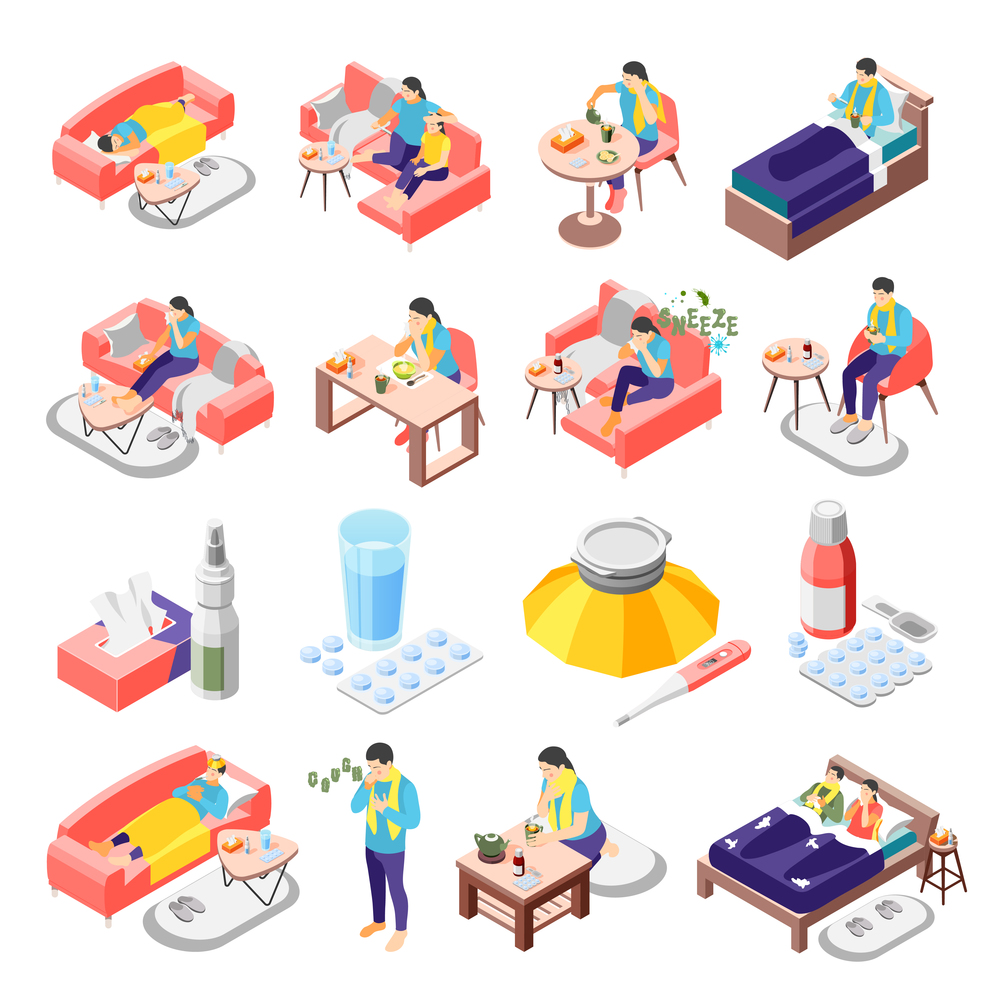 Flu cold treatment medication sick people isometric icons set with lying in bed sneezing pills thermometer vector illustration