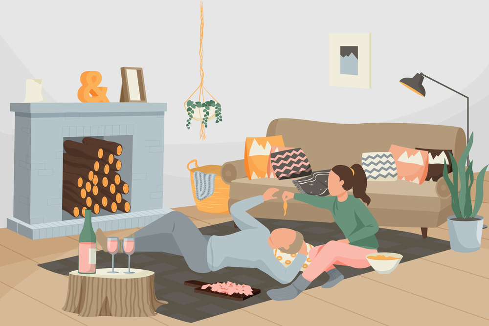 Hygge lifestyle flat composition with domestic scenery with soft furniture house plants romance and relaxing couple vector illustration. Romantic Lounge Flat Composition