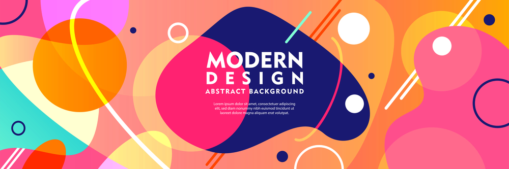 Modern design horizontal poster with  bright colorful abstract geometric elements and curve lines flat vector illustration