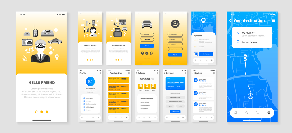 Mobile screens set with user interface of smartphone application taxi company and city navigation isolated flat vector illustration